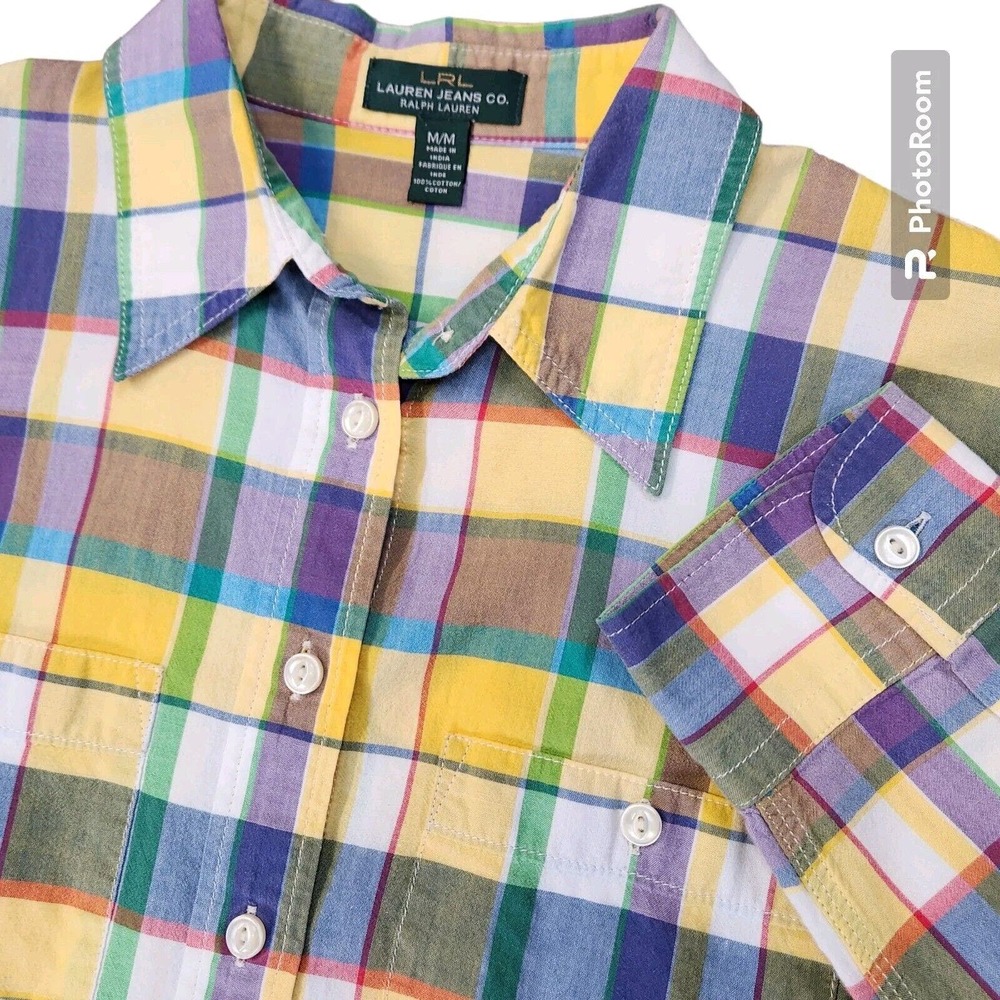 LRL‎ Lauren Jeans Co Shirt Women M Button Long Sleeve Cotton Pastel Plaid